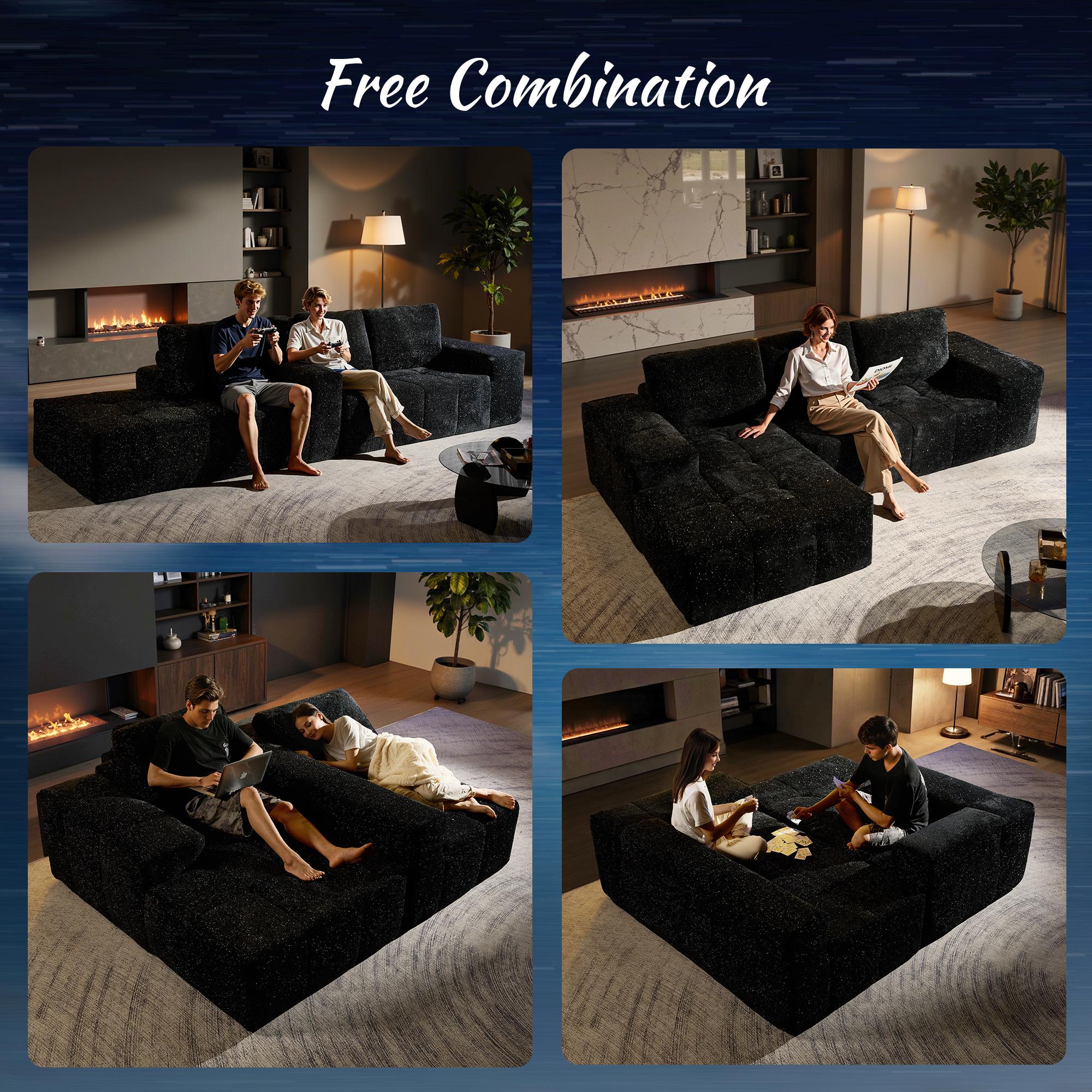 【3 Packages Shipping】Ovios 115" Galaxy Stardust Shimmer Plush Modular Couch with Ottoman&Chaise, No Assembly Required - Boneless L/U-Shaped Sectional Sofa Set with Flexible Configuration - 115"W x 70"D x 30"H, 3 Seater