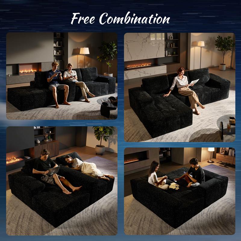 【3 Packages Shipping】Ovios 115" Galaxy Stardust Shimmer Plush Modular Couch with Ottoman&Chaise, No Assembly Required - Boneless L/U-Shaped Sectional Sofa Set with Flexible Configuration - 115"W x 70"D x 30"H, 3 Seater