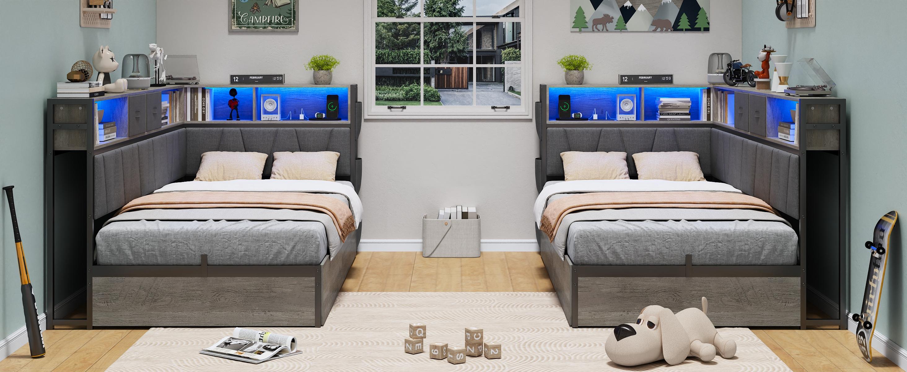 CollaredEagle Twin XL Corner Bed Frame with Storage Bookcase, Kids Bed Unit with Charging Station and LED Light, Twin Size Platform Beds with Storage and Charging Station, with 2 Underneath Drawers CollaredEagle Twin XL Corner Bed Frame with Storage Bookcase, Kids Bed Unit with Charging Station and LED Light, Twin Size Platform Beds with Storage and Charging Station, with 2 Underneath Drawers
