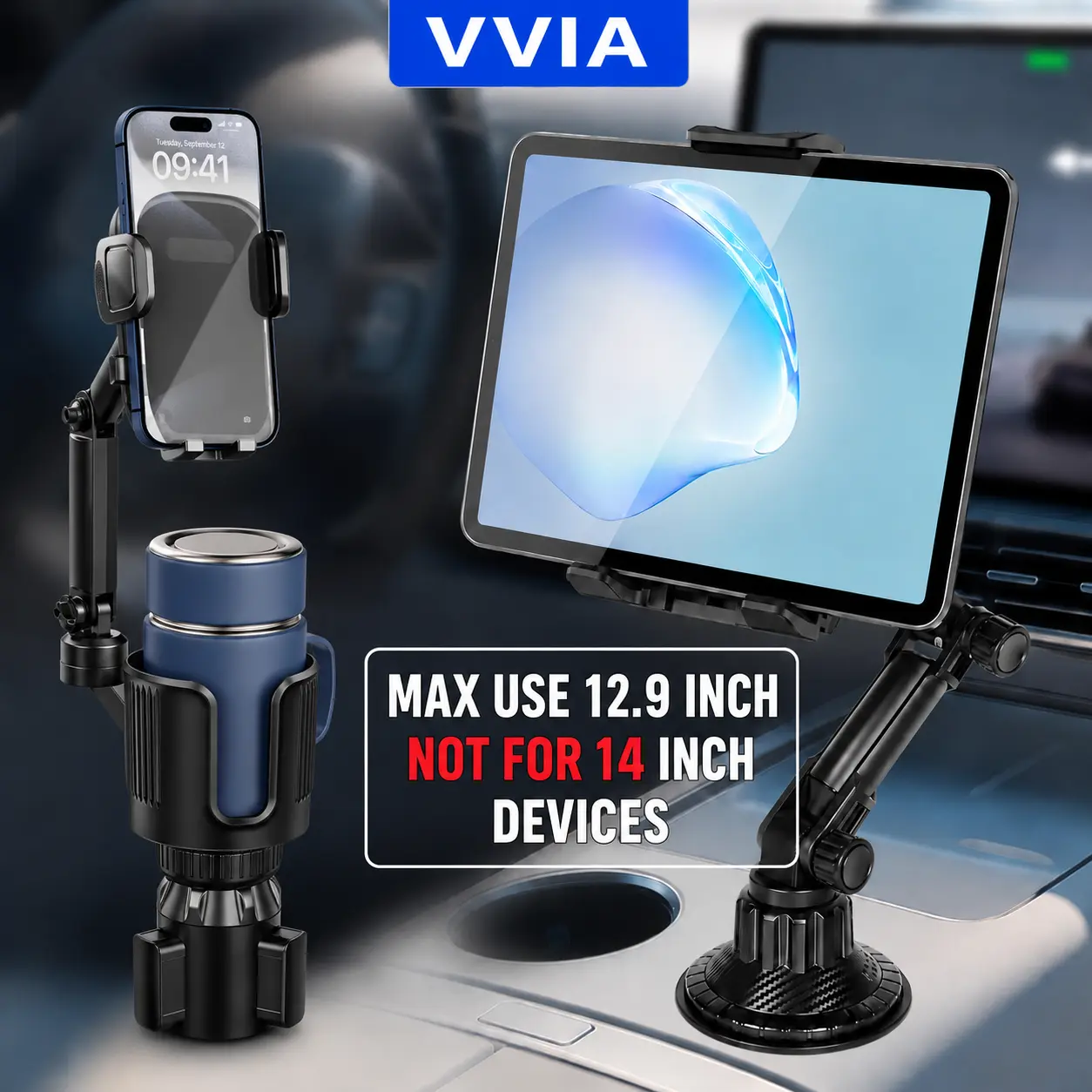 Cup Holder For Tablet Mount & Phone Mount For Car, Adjustable Base For Most 4.7-12.7" Cell Phones And Tablets