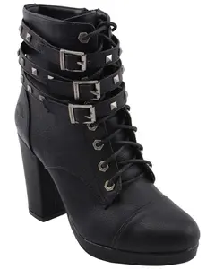 Milwaukee Leather Women's Studded Buckle Strap Laced Boot Round Toe - Mbl9417