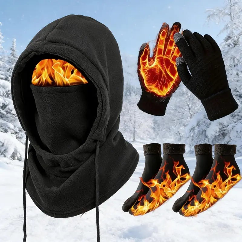 Unisex Adults' 4-Pc Plain Winter Warm Outdoor Wear Set - Windproof Full Face Ski Mask Balaclava, Hooded Jacket, Gloves, Thermal Socks, Biking/Ski Extreme Cold Gear, Hand Washable Ideal Gift Unisex Adults' 4-Pc Plain Winter Warm Outdoor Wear Set - Windproof Full Face Ski Mask Balaclava, Hooded Jacket, Gloves, Thermal Socks, Biking/Ski Extreme Cold Gear, Hand Washable Ideal Gift