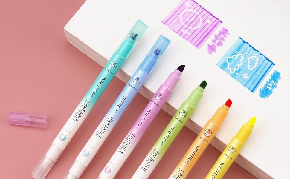 WRITECH Erasable Highlighters Chisel Tip, Smooth Writing No Bleed Double Head Highlighter for Highlighting and Marking, Assorted Colors, 12 Count