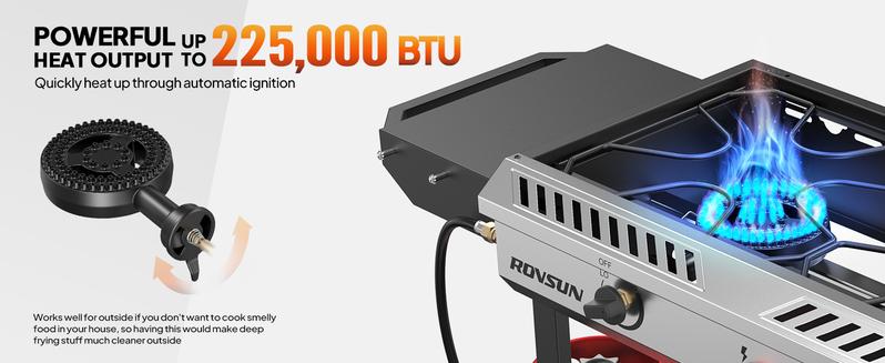 ROVSUN 2/3 Burner Outdoor Propane Gas Stove with Auto-ignition, Regulator & Side Shelves, 150,000/225,000 BTU Powerful Stand Cooker for Backyard Patio Cooking Home Brewing Canning Turkey Frying
