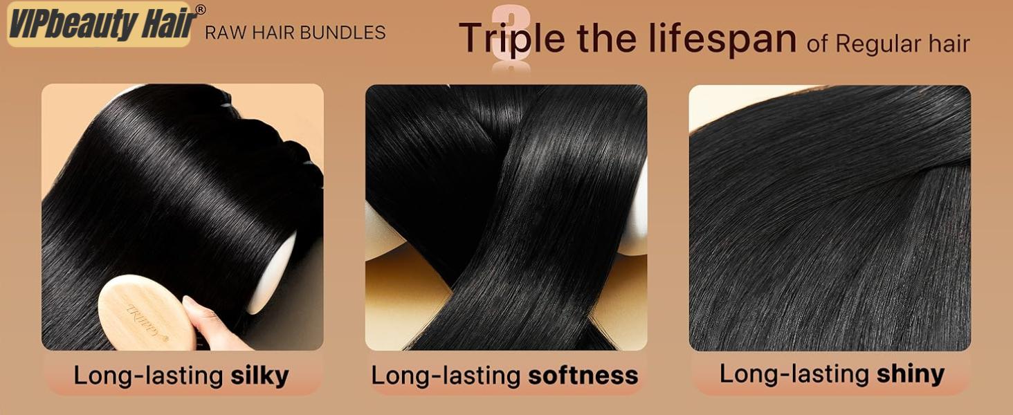 VIPbeauty Raw Bundles Human Hair Straight, No Tangle Shedding, Keep Texture Silky Soft After Multiple Washes, 16A Raw Indian Hair Bundles , Triple Lifespan 3X