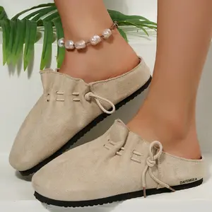 Women's Sandals Suede Mules with Drawstring Detail Comfort Backless Slip-On Indoor Outdoor Shoes Springfresh