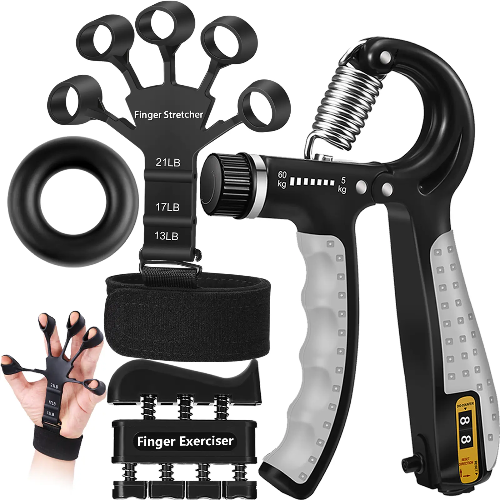 4pcs Hand Grip Strengthener Kit - Fitness Strength Training Accessory with Hand Gripper, Finger Exerciser, Finger Stretcher, Forearm Workout Ring for Muscle Building, Recovery Therapy, Grip Strength Tester