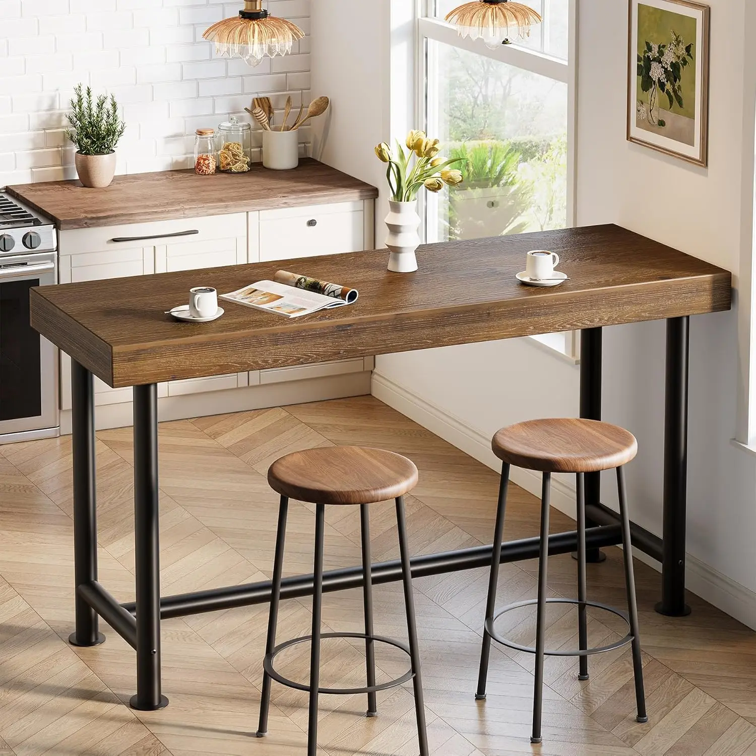 TRIBEWOOD 63-Inch Rectangular Solid Wood Counter-Height Bar Table, Heavy-Duty Metal Legs Narrow Pub Table, Modern Wood Furniture for 4-6 Persons Kitchen Bistro Breakfast Bar, Farmhouse Home Decor Quick Install