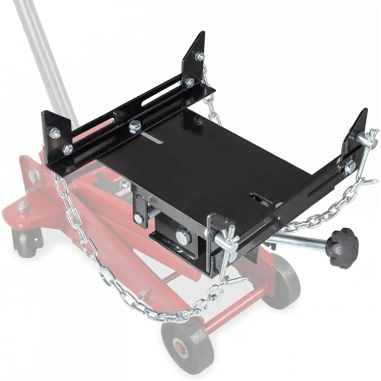Hydraulic Floor to Transmission Jack Adapter with Removable Saddle Shaft, 0.5T/1100 lbs Capacity, Adjustable Tilt Angle, Safety Chain, Fits Most Jacks, 13.4x13.4x7.9 in., 23.6 in. for Each, 30mm/1.2 in. Diameter - Ideal for Cars, Trucks, 30Mm/1.2 Diameter
