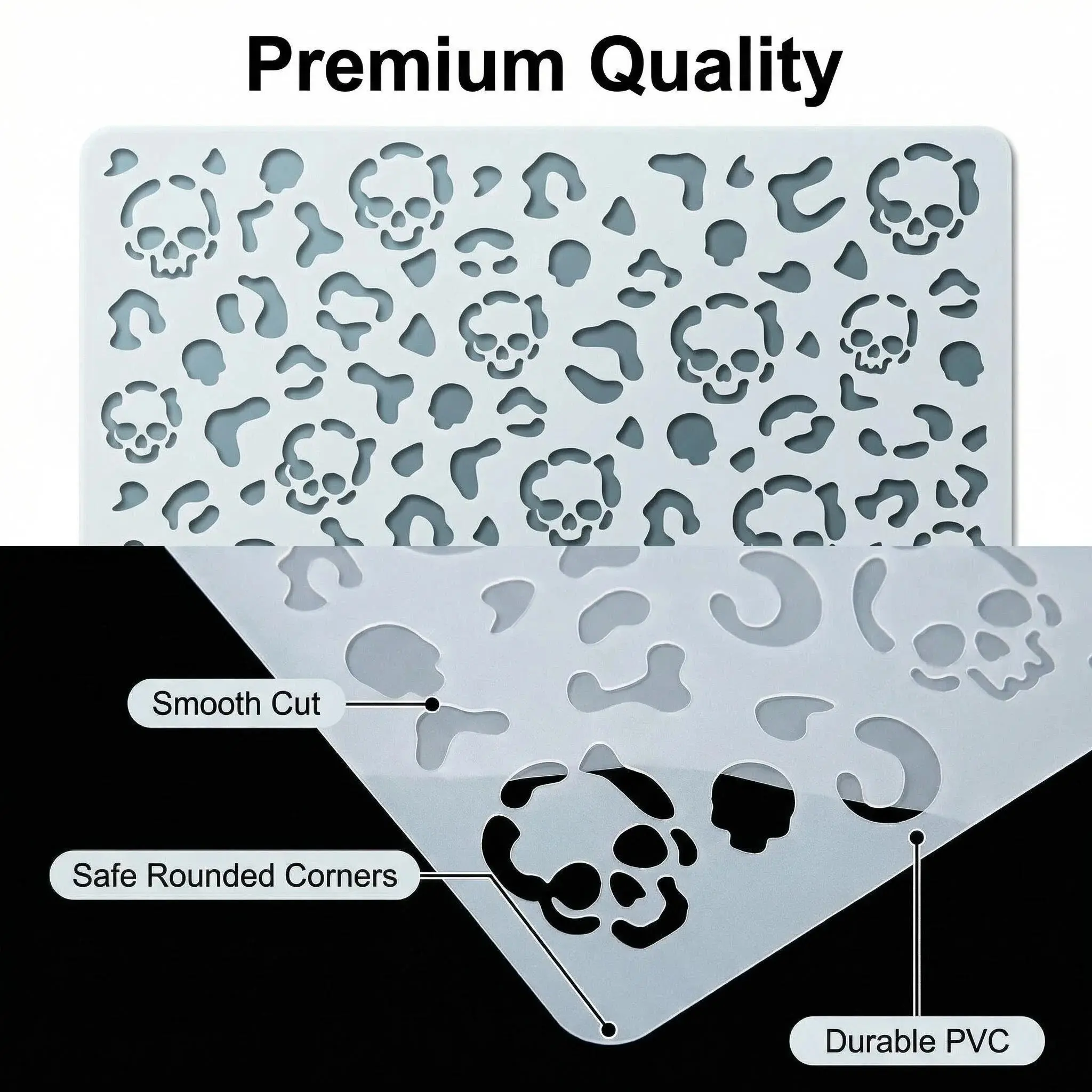 Leopard Print Template 6x6 Inches, Small Skull Design, Dense Skeleton Shapes & Abstract Geometric Patterns, Durable Reusable Decorative Tool