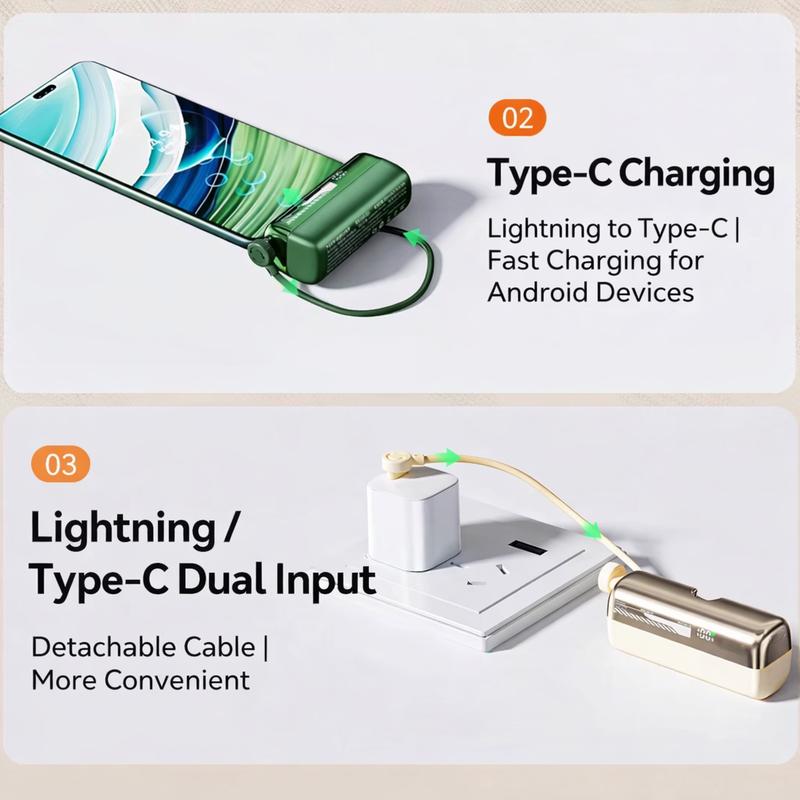 Lzaitai Portable Charger Nano Power Bank with Built-in USB C Connector lightning Connector 5000/10000mAh Portable Charger 22.5W, for iPhone 17/16/15 Series, Samsung S22/23/24 Series, iPad Pro/Air, AirPods, and More