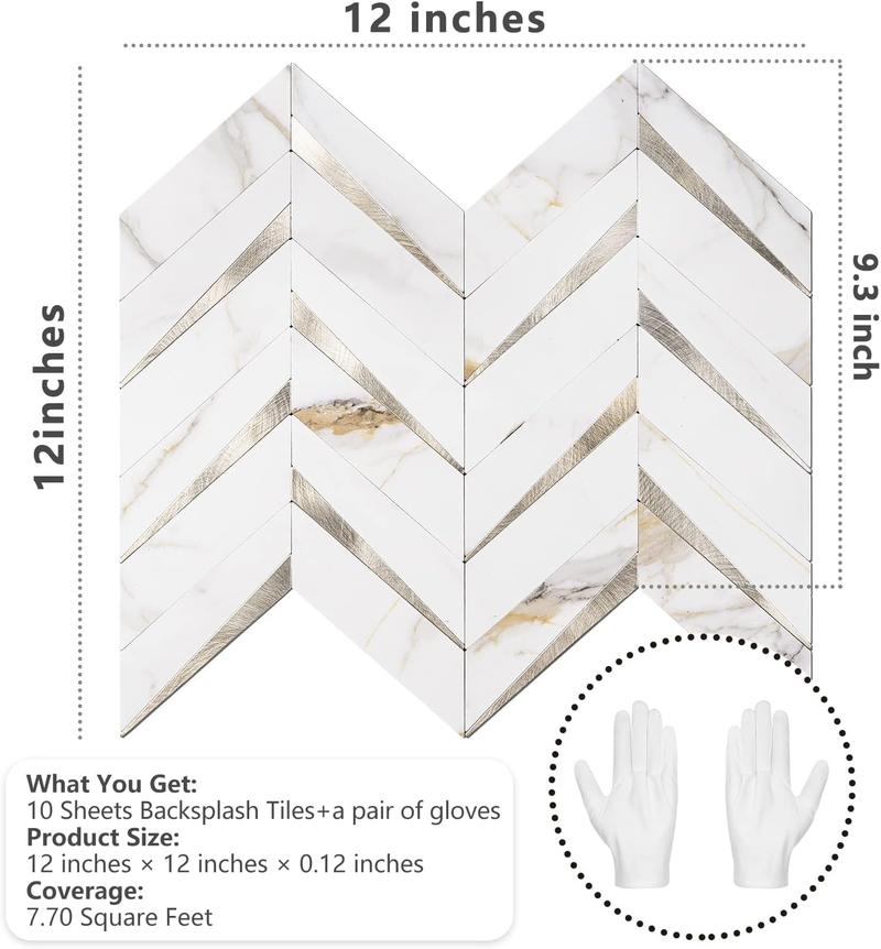 STICKGOO 10Pcs Herringbone Peel and Stick Backsplash, Tiles Sticker, Self Adhesive Wall Tile for Kitchen/Bathroom Decor Decorative Ornaments - White