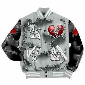 Varsity Jacket To Match Black Wolf Grey 12s - Loyalty Wins Everything All Over Print Oversized Hip Hop Gen Z Outerwear Comfortable Fall Spring Fashion Featuring Skull Brain Heart Rose Cloud Art Casual Street Style Baseball Coat