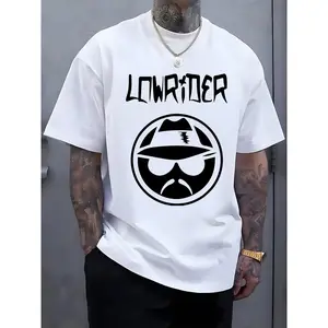 Men's Casual Graphic Tee - Short Sleeve Crew Neck Tee with "LOWRIDER" Print, Summer Outdoor Streetwear, White Machine Washable, Casual Outfit |       Casual Style Shirts |       Machine Washable Tops, T-Shirts