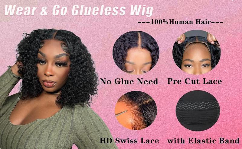 Tnice Short Bob Glueless Wigs Ready To Wear Deep Wave Curly Wigs Human Hair Wet and Wave 4x4 HD Lace Closure Wig For Women Pre Plucked 200%