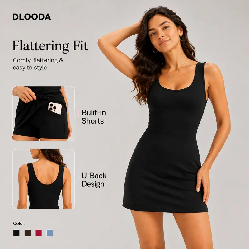 DLOODA Women's Sporty Athleisure Workout Dress - U-Neck, Sleeveless, Solid, Pocketed, Machine-Washable Active Dress with Built-in Shorts, Elegant, Easy to Style for Tennis/Golf