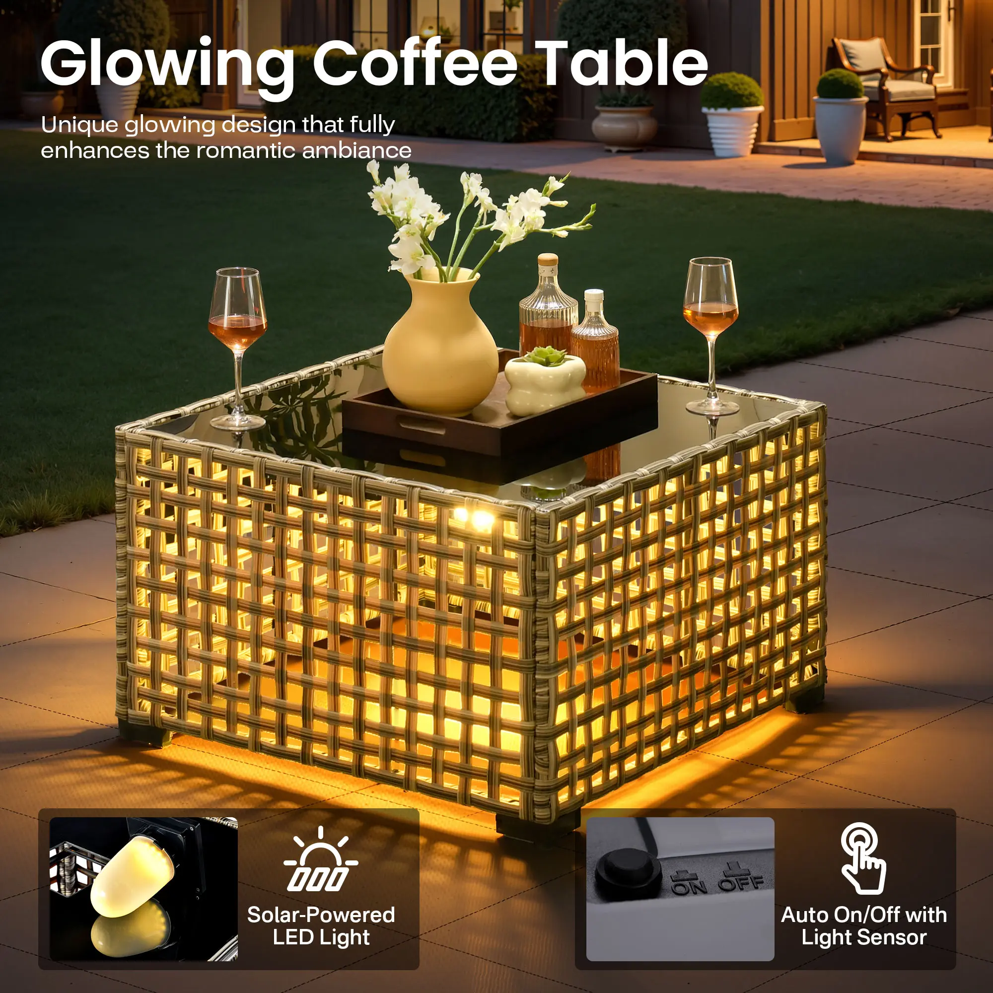 【Summerfinds】OVIOS Outdoor Patio Side Table with Solar LED Light, All-Weather Wicker Rattan Coffee End Table for Backyard, Patio, Porch, Deck, Garden, Balcony & Poolside
