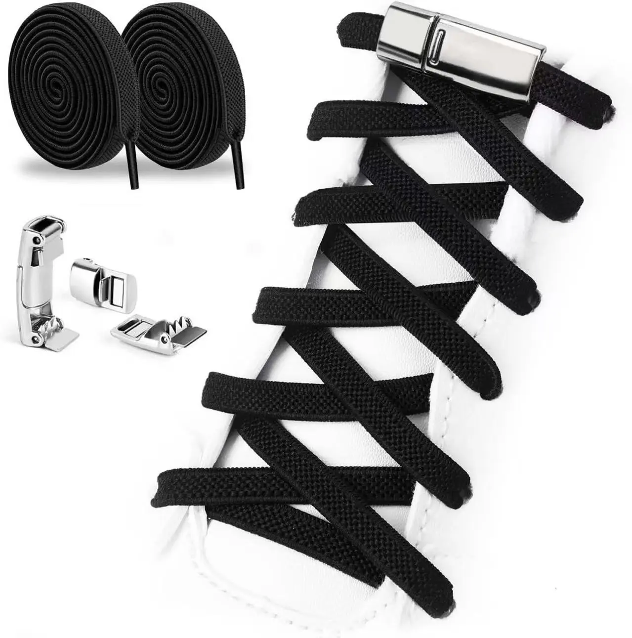Unisex Elastic No Tie Shoelaces for Casual Sport Sneakers - Lightweight Magnetic Buckle, 1 Size Custom Fit, White & Black Footwear Accessories for Kids & Adults
