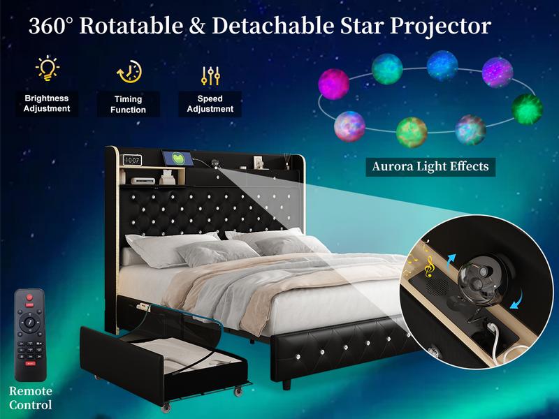 Sibeds Queen LED Bed Frame with Bookcase Storage Headboard, Galaxy Star Projector, 2 Storage Drawers, Noise-Free, Tall Tufted Headboard, No Box Spring Needed, PU Leather Black,Modern Design Home Interior Furniture
