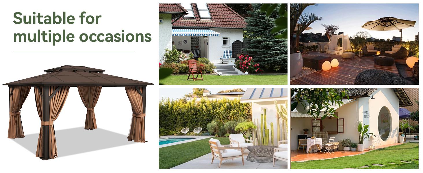 【Ships in 2 Packages】Aoxun 12'x10' Hardtop Gazebo, Aluminum Frame Permanent Pavilion with Curtains and Netting, Outdoor Polycarbonate Double Roof Canopy, Designed for Garden, Lawns, Patio, Brown