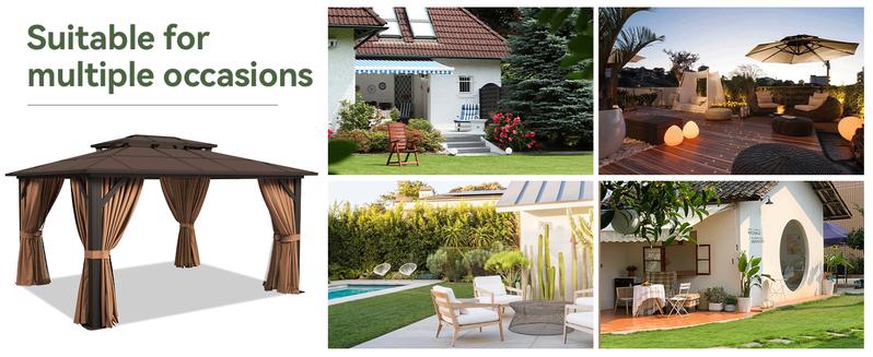【Ships in 2 Packages】Aoxun 12'x10' Hardtop Gazebo, Aluminum Frame Permanent Pavilion with Curtains and Netting, Outdoor Polycarbonate Double Roof Canopy, Designed for Garden, Lawns, Patio, Brown