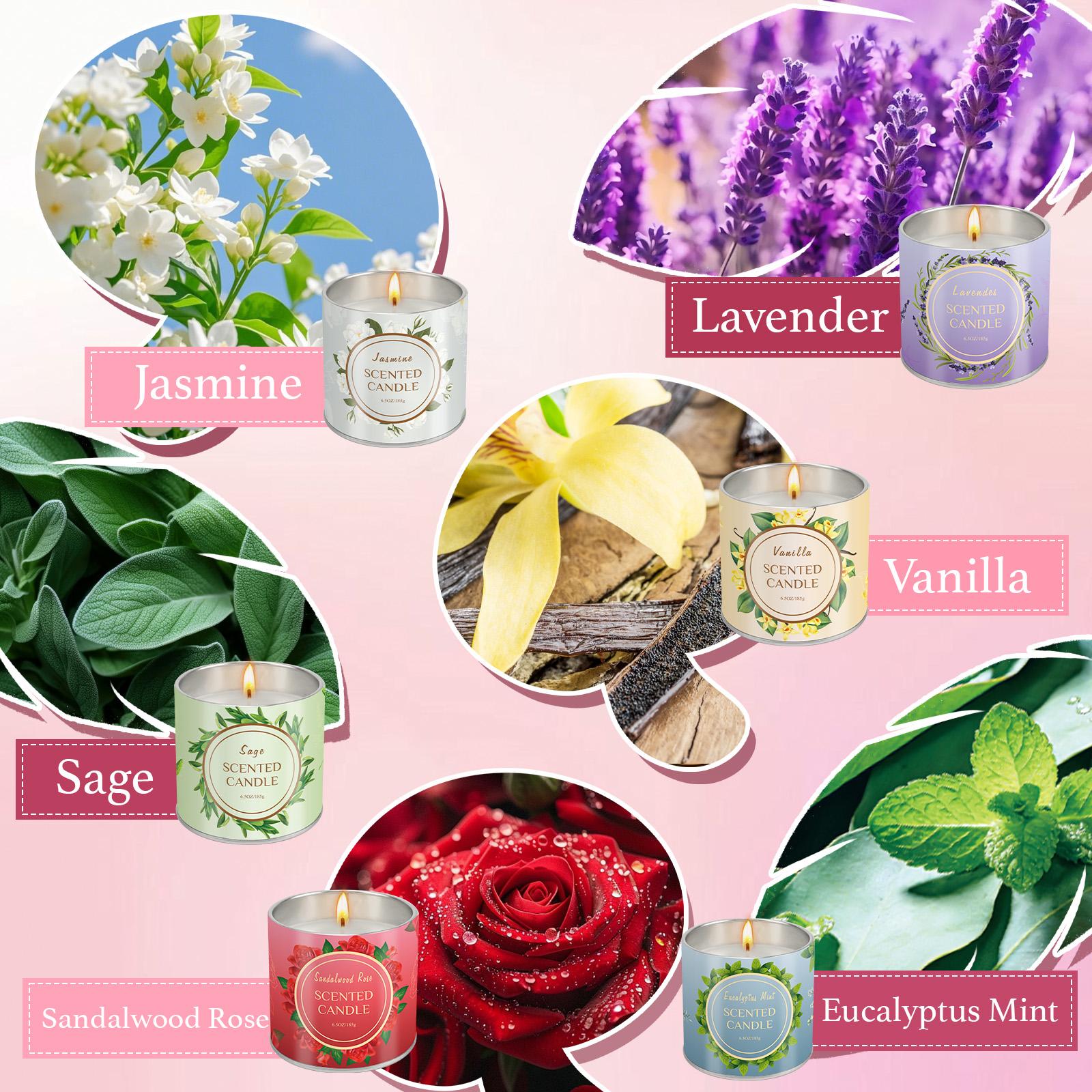 Scented Candle Gift Set for Women, 6 Pack, 39 oz Total, 6.5 oz Each, Jasmine, Lavender, Vanilla, Sage, Sandalwood Rose, Eucalyptus Mint, Aromatherapy Candles for Home, Gifts for Women