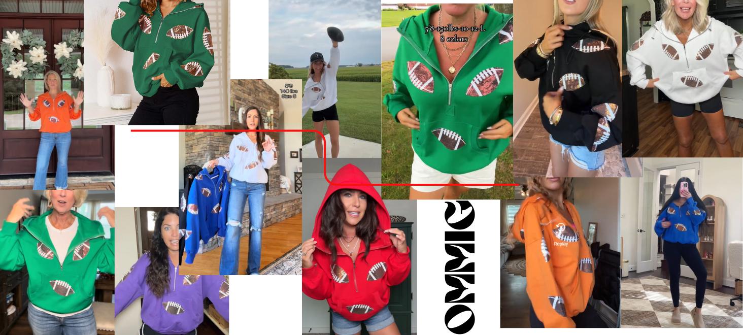 Ommig Womens Oversized Game Day Hoodies Long Sleeve Half Zipper Pullover Sequins Football Print Sweatshirt with Kangaroo Pocket