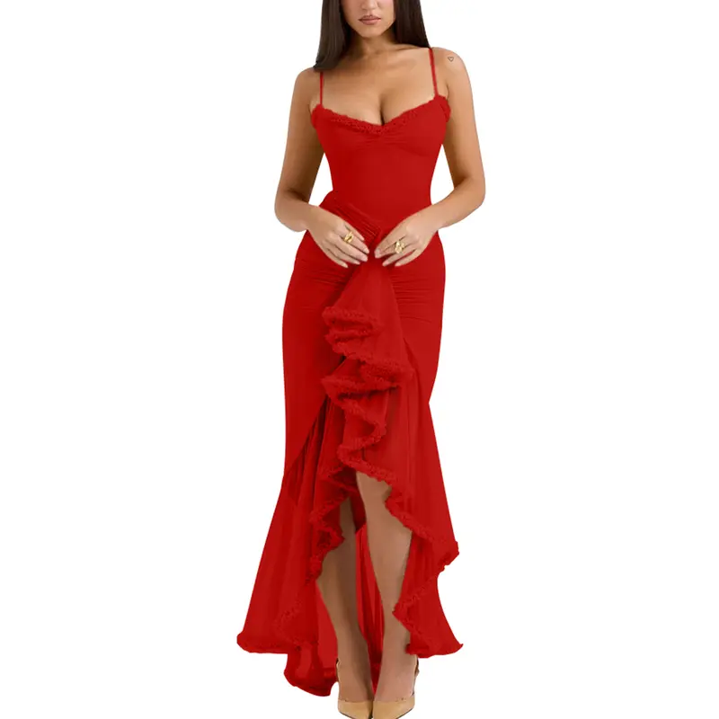 OYS Women's Elegant Adjustable Spaghetti Straps Sleeveless V Neck Ruched Bodycon Ruffle Hem Mermaid Dress