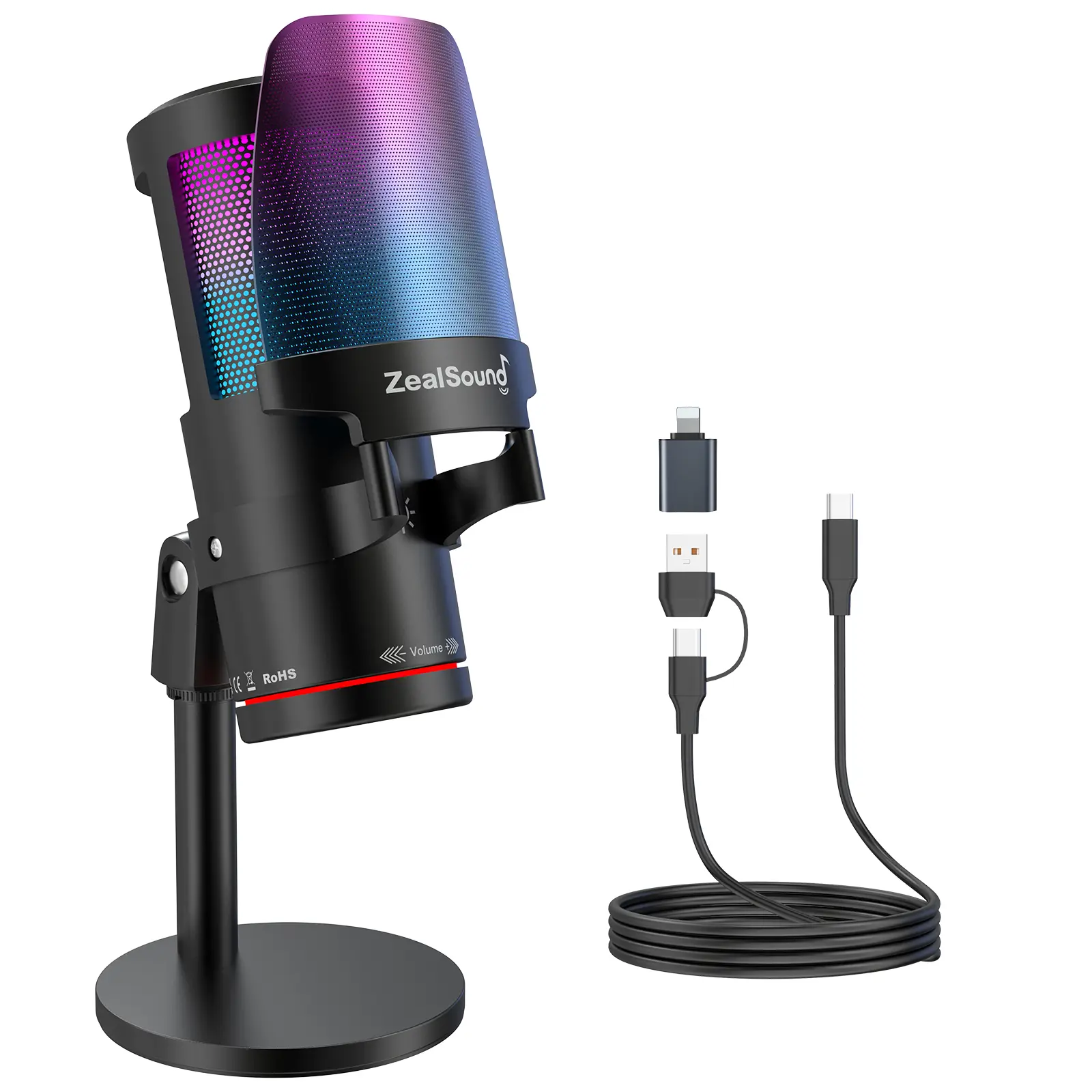 ZealSound Wired USB Microphone with USB Adapter for PC, Mac, Laptop, iPhone, Android, PS5, PS4 Pro - Noise Cancellation, Touch Mute, RGB Light, Volume & Monitor Control for Streaming, Podcasting, Pc & Laptop, Gamers/Streamers, Button, Audio For Edits