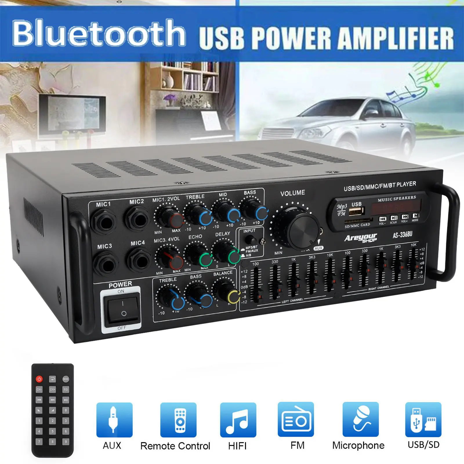 2000W Peak Dual Channel HiFi Power Amplifier - Bluetooth 5.0, Karaoke, FM, USB, EQ Mixer with Remote Control for Car, Home, Dual Channel Amplifiers, Hifi Amplifiers