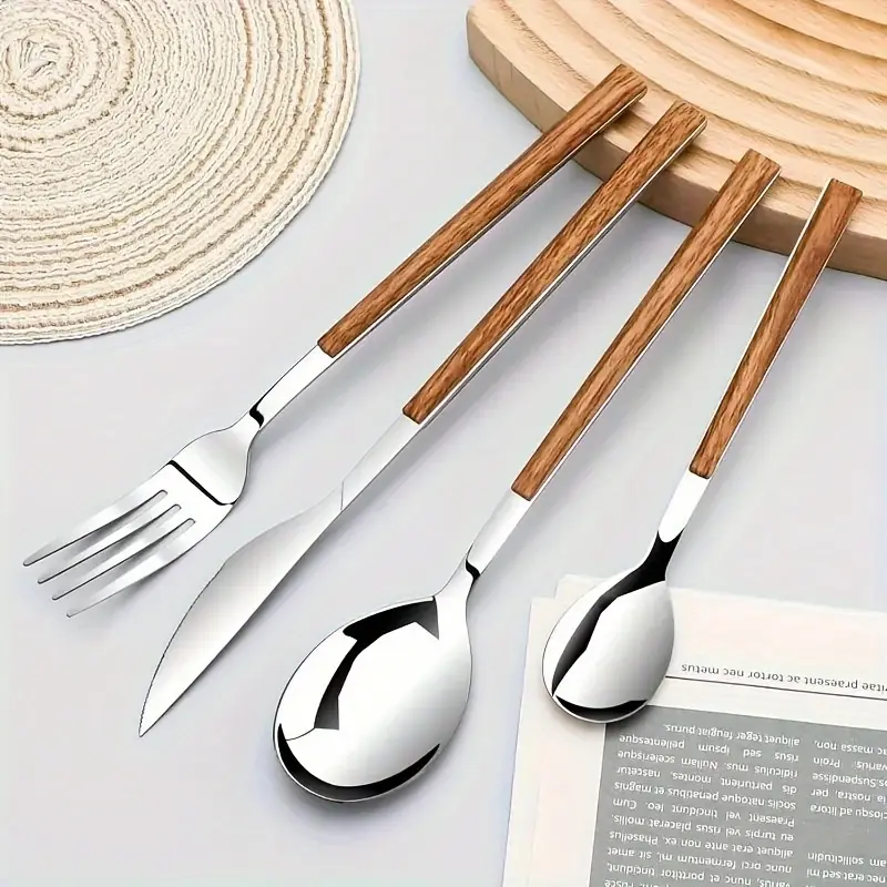 4pcs/8pcs/12pcs Stainless Steel Cutlery Set with Wooden Handle - Heavy-Duty Knife, Fork, Spoon & Coffee Spoon Suitable for Home, Restaurant, Party Dining - Elegant Tableware, Forks Spoons And Knives Set