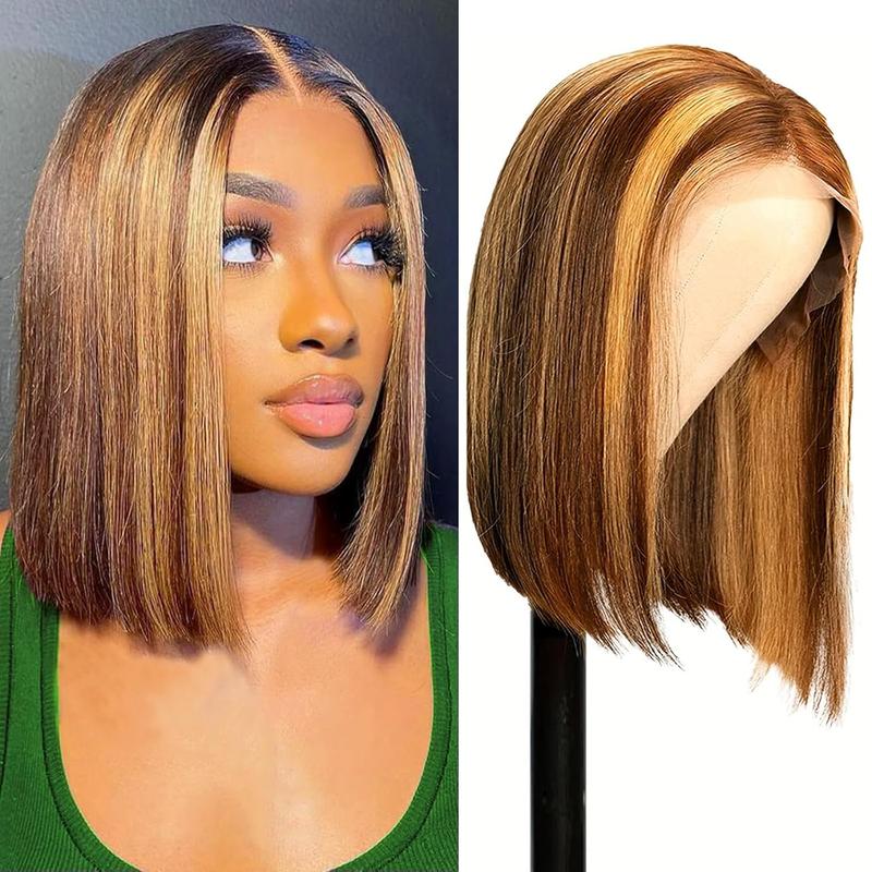 Hihmarm Ombre 4/27 Bob Wig Human Hair Highlight Honey Blonde Lace Frontal Bob Wigs 13x4 Straight Transparent Lace Front Wig Short Wig Human Hair Pre Plucked 14 Inch