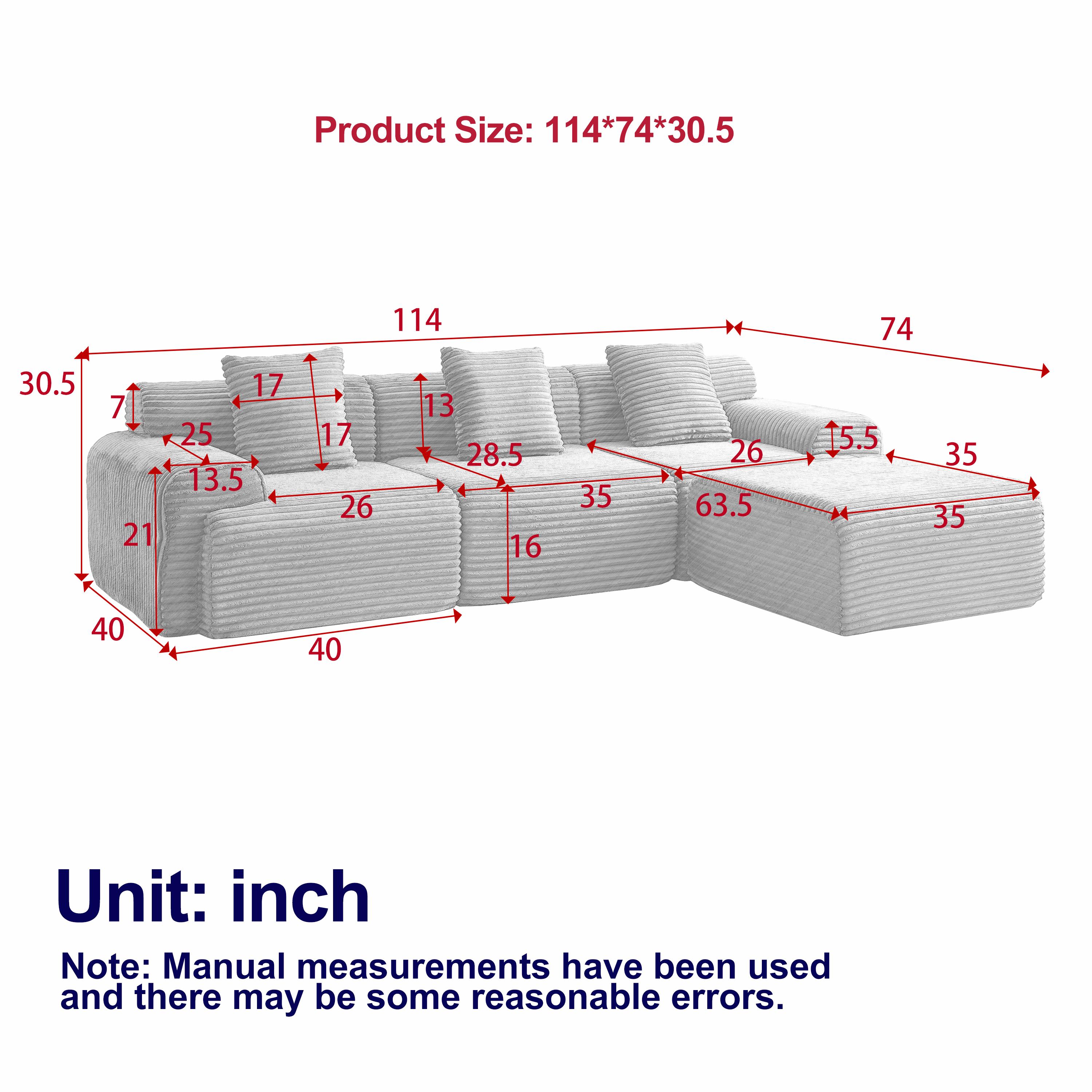 Niccae 114-inch Corduroy Modular Sofa Boneless couch, Featuring an Inlaid Structural Design, three throw pillows, Wider backrest design and Four Freely Configurable Modules.