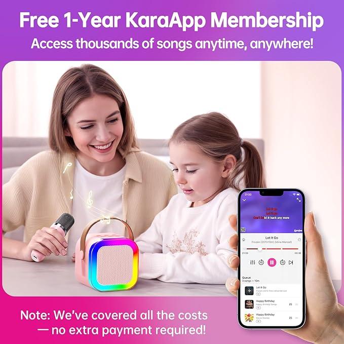 Mini karaoke machine with 2 microphones, wireless BT speaker,Bluetooth Speaker with LED Nightlight, Bluetooth party Pink karaoke