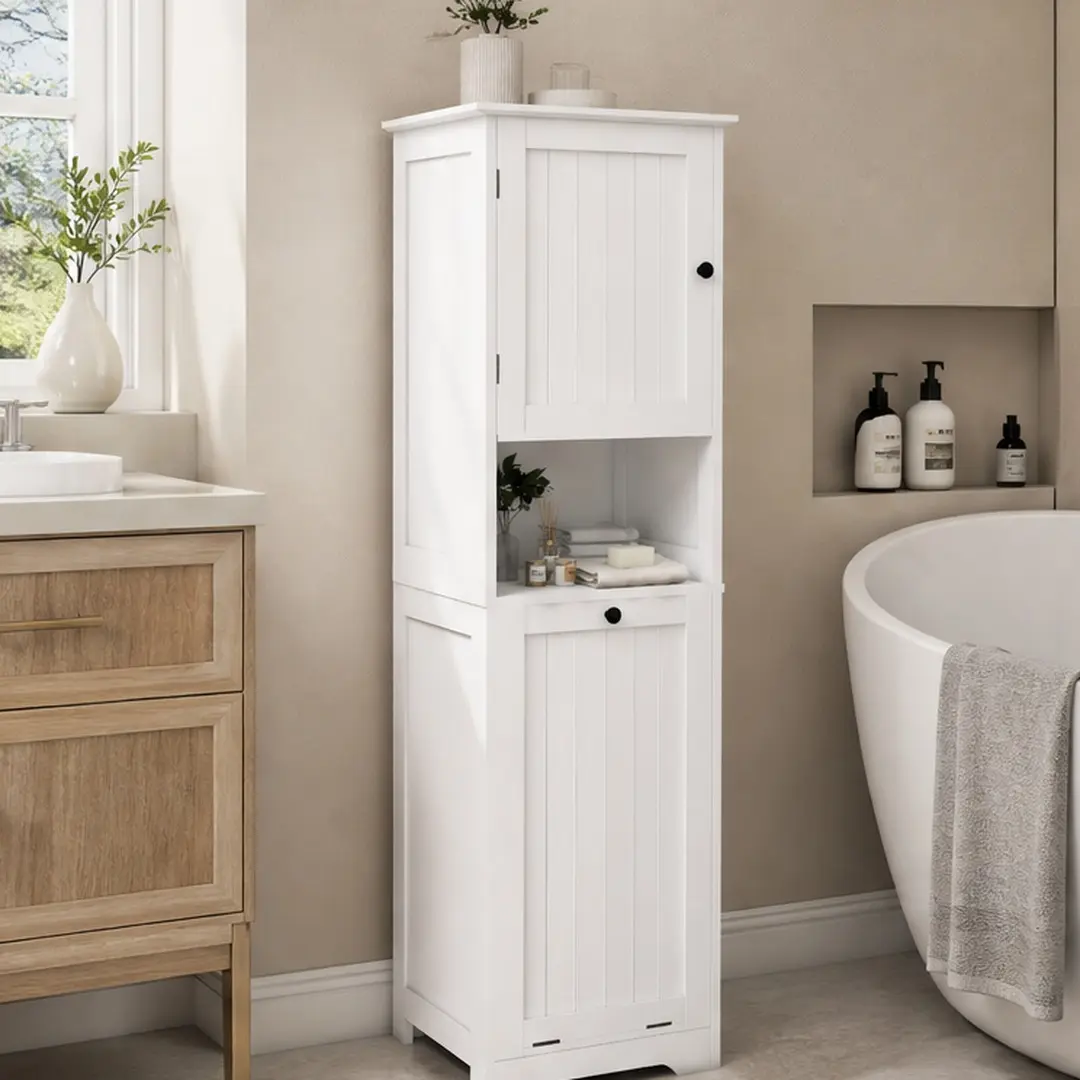 ARCH White MDF Tilt-Out Laundry Sorter Cabinet, One-Compartment One-Door Hamper with Removable Cloth Bag, Space-Saving Laundry Organizer for Bathroom, Laundry Room, or Utility Room, 13.78"W x 15.75"D x 55.12"H, White Color Options