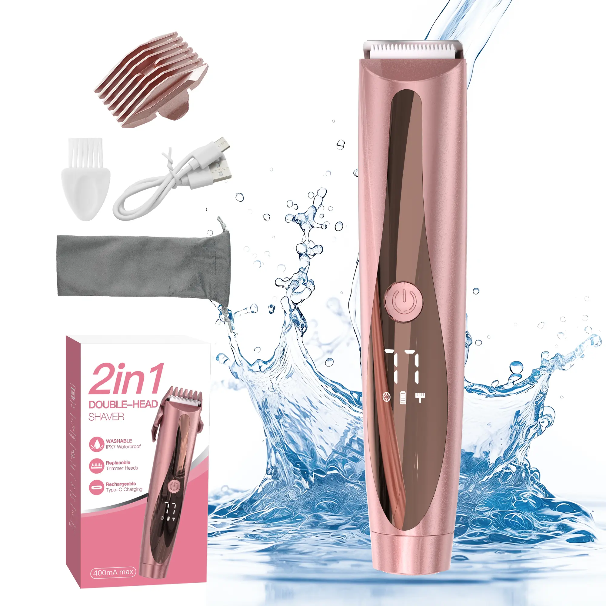 Electric Bikini Trimmer for Women,  Electric Shaver and Razor Rechargeable 2-in-1 Body and Facial Epilator, Dual Heads for Painless Trimming of Pubic Hair, Face, Underarms and Legs, IPX7 Waterproof，Christmas Gift New Year，Winter Gift