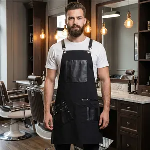 Professional Barber Apron with Pockets | Black Cotton & PU Leather