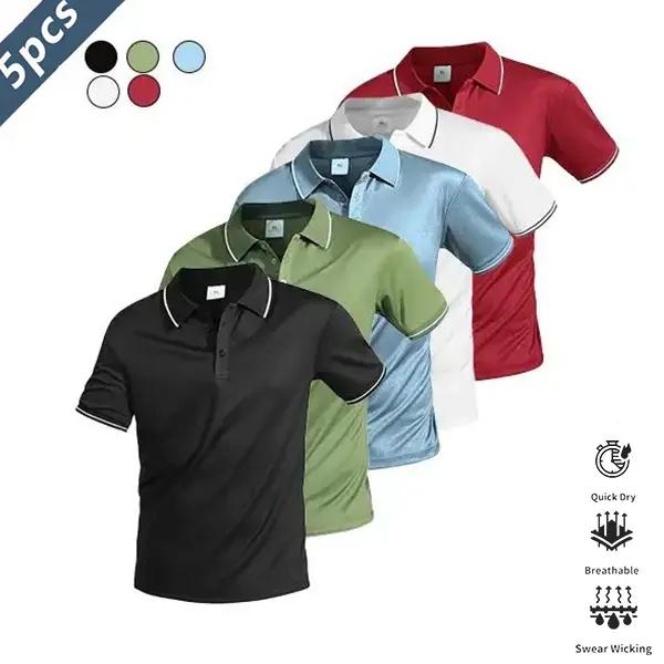Five-piece men’s casual short-sleeve polo set—quick-dry golf and tennis shirts, comfortable riding wear, stylish men’s sportswear—ideal for casual gatherings, vacations, and travel; contrast color design at the neckline and cuffs. Five-piece men’s casual short-sleeve polo set—quick-dry golf and tennis shirts, comfortable riding wear, stylish men’s sportswear—ideal for casual gatherings, vacations, and travel; contrast color design at the neckline and cuffs.
