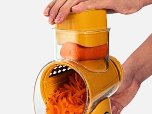SUSTEAS Yellow Rotary Cheese Grater - Food Chopper with 5 Well-Designed Blades and Powerful Suction Cup Base, Comes with 1 Blade Storage Box Kitchen Utensils Vegetable Cutting Slicer