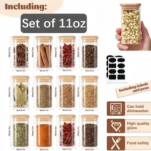 12 Square Glass Spice Jars High Borosilicate Heat Resistant Containers for Salt Pepper Sugar Spices with Sealed Bamboo Lid Transparent Design for Kitchen Storage and Gifts
