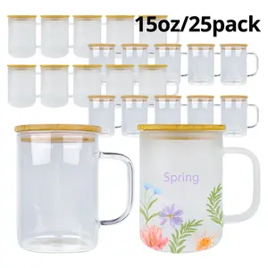 25 Pack 15oz Sublimation Glass Mug Blanks with Bamboo Lid & Straw Clear/Frosted High Borosilicate Glass Cups for DIY Crafts