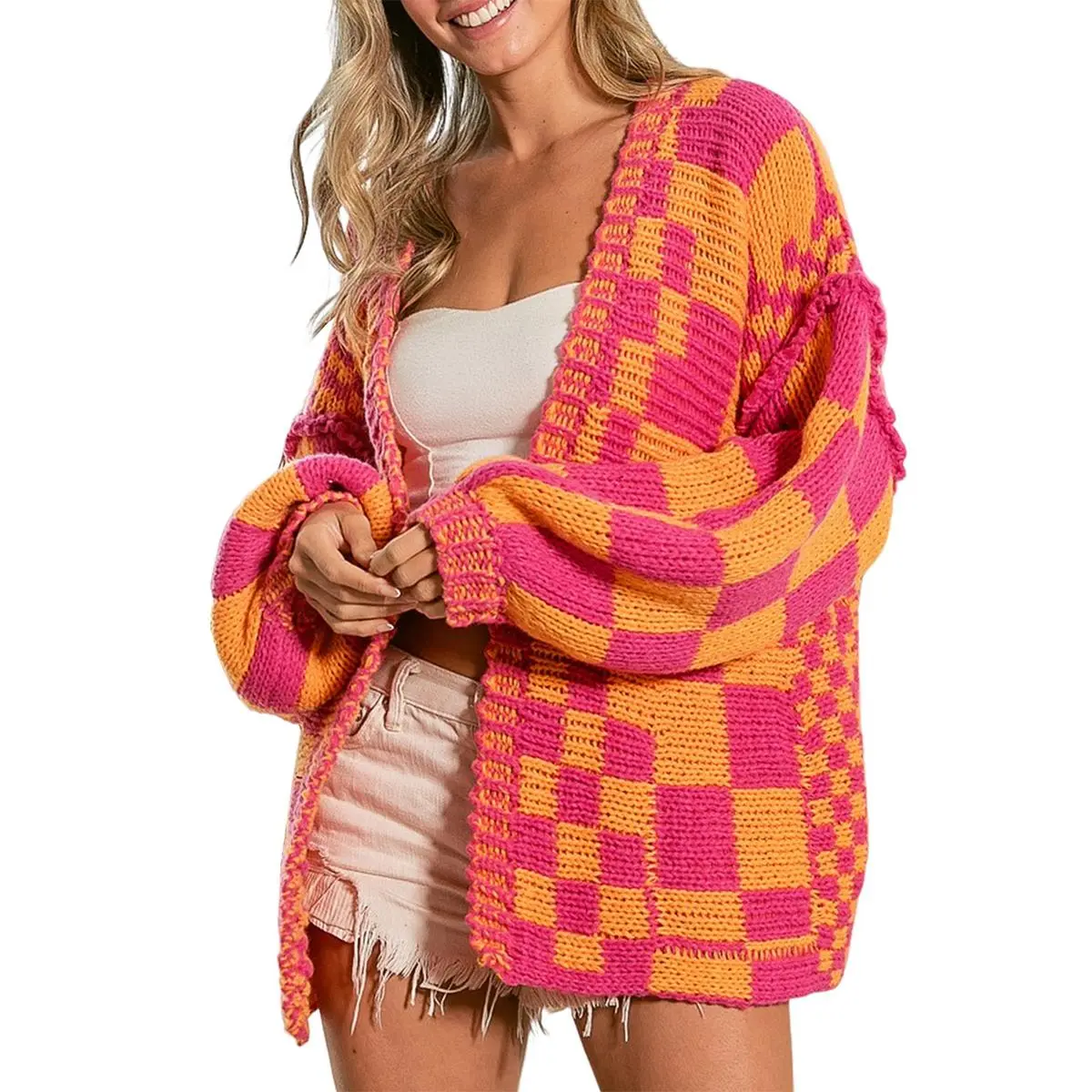 Asvivid 2026 Fall Clothes For Women Oversized Long Open Front Cardigan Mixed Checkered Pattern Cable Knit Cardigans Sweater Holiday sohochic