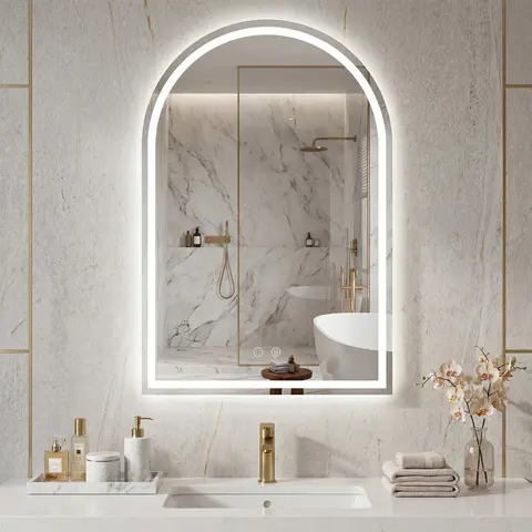 Sweetcrispy LED Arched Backlit Vertical Bathroom Mirror - Premium Aluminum Frame Vanity Fixture, Dimmable, 3 Color Temperatures, 1-Touch Auto Antifog, Safety Features, Power Cord, LED Light Strips