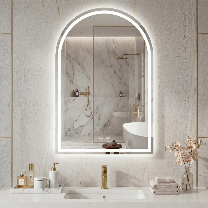 Sweetcrispy LED Arched Backlit Vertical Bathroom Mirror - Premium Aluminum Frame Vanity Fixture, Dimmable, 3 Color Temperatures, 1-Touch Auto Antifog, Safety Features, Power Cord, LED Light Strips