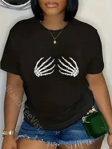 100% Cotton Halloween Boob Skeleton Hands Breast Funny Scary Bra T-Shirt