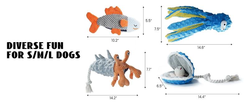 Nocciola 4 PCS Sea Creatures Crinkle Squeaky Dog Toys, Octopus Shark Crab Mussel Toys, Interactive Toys for Small, Medium & Large Dogs, Durable for Aggressive Chewers