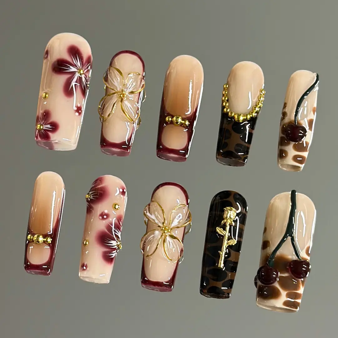 NailVesta VINTAGE BLOOM – 100% Handcrafted 3D Press-On Nails | Reusable, Long-Lasting, Salon-Quality
