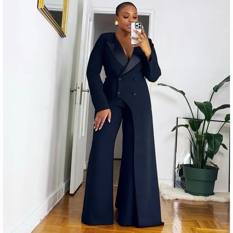 Women's Midnight Navy Eclipse 2-Piece Satin Sovereign Fit Statement Suit - Refined Satin Trim, Sculpted Double-Breasted Blazer, Tailored Power Fit, Corporate Elegance Work Wear for Command the Room Moments, Sculpted Blazer, Bold Satin Detail