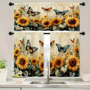 1/2 Panel Kitchen Curtain, Retro Sunflower Butterfly Pattern Print Curtain, Rod Pocket Valance Curtain Tier, Window For Kitchen Cafe Living, Home Decor