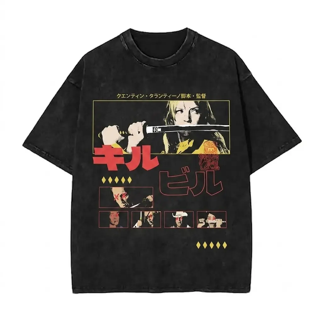 Men's Kill Bill The Bride Graphic T-Shirt - Casual Short-Sleeve Round Neck Soft Vintage Acid Wash Oversized Streetwear Menswear Tops Apparel